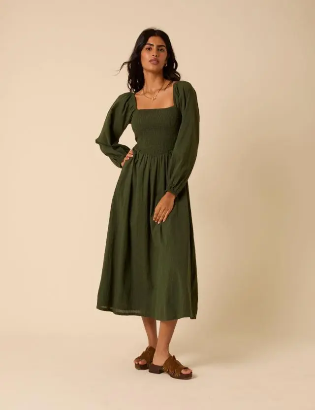 Khaki Long sleeve Imogen Midi Dress