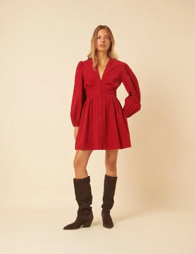 Red Balloon Sleeve Cord Starlight Mini Dress