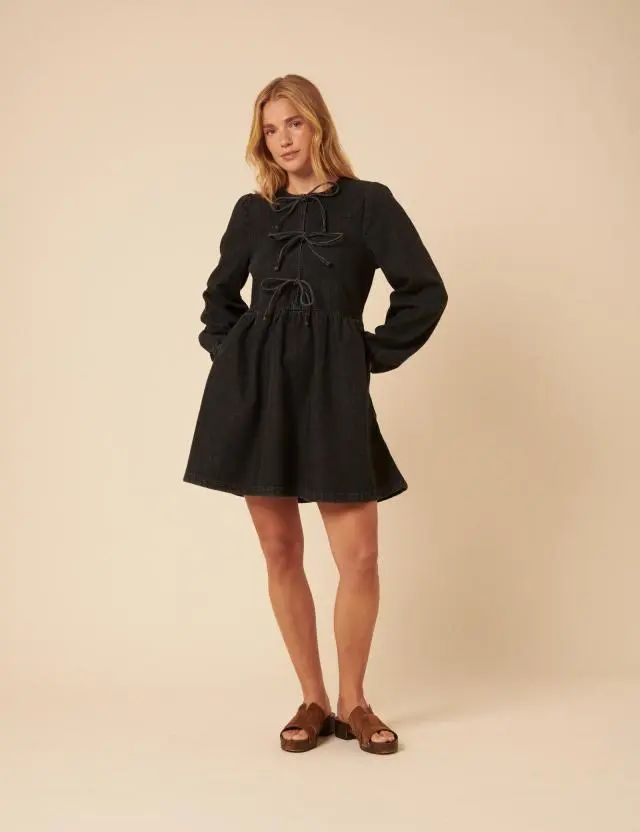 Black Denim Tie Front Eden Mini Dress