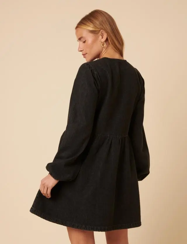 Black Denim Tie Front Eden Mini Dress