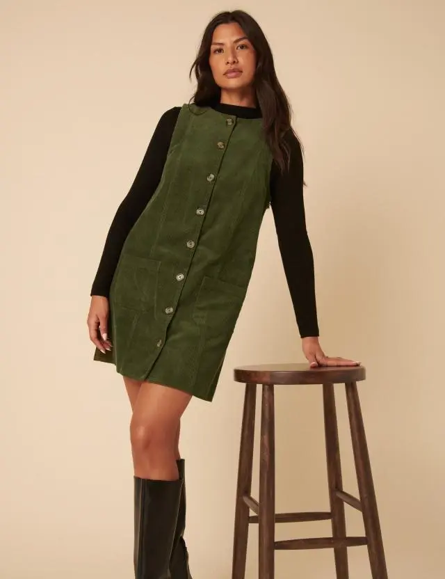Khaki Cord Alessa Pinafore Mini Dress