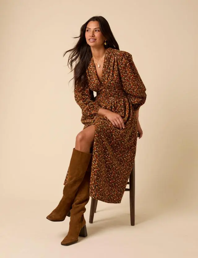 Black Ditsy Floral Long Sleeve Starlight Midi Dress