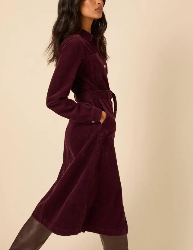 Burgundy Cord Finchley Midi Shirt Dress
