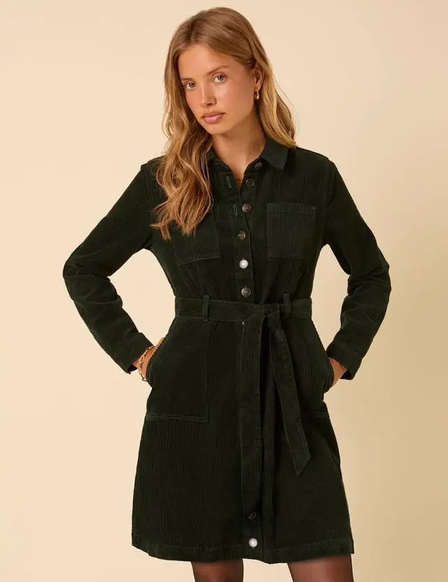 Forest Green Cord Long Sleeve Finchley Mini Dress