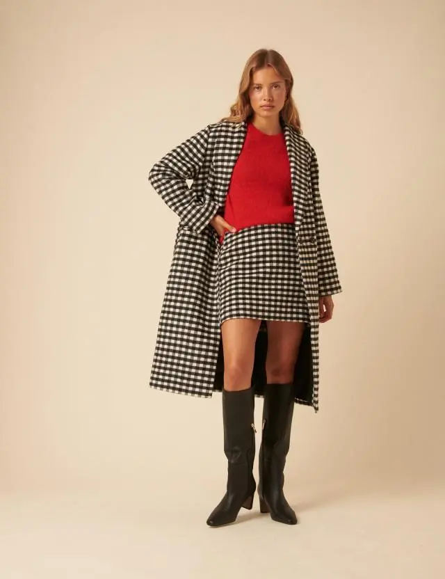 Black And White Gingham Double Breasted Coat