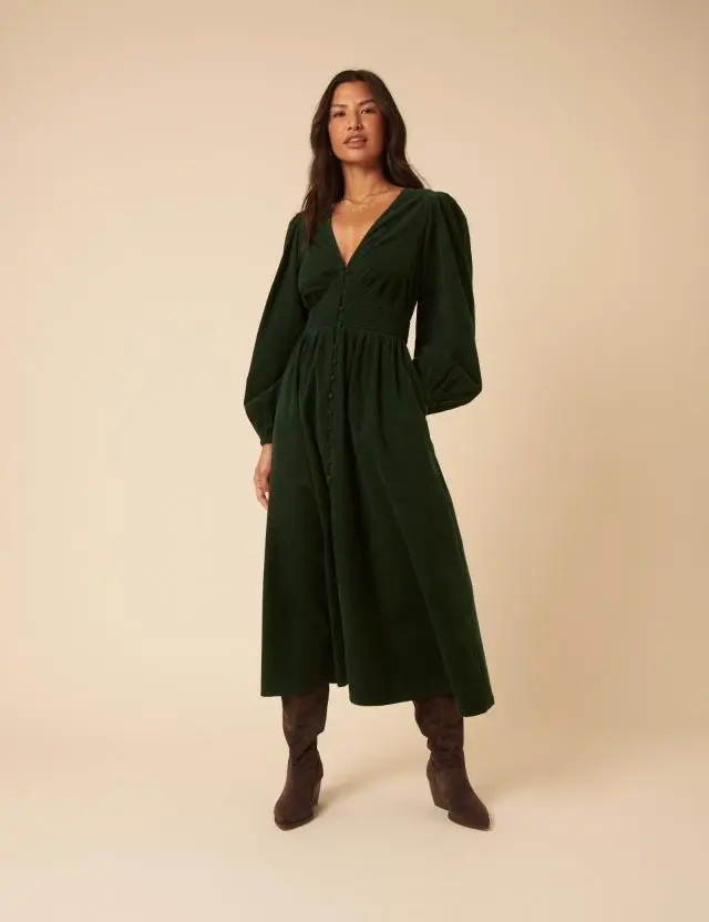 Forest Green Cord Long Sleeve Riley Midi Dress