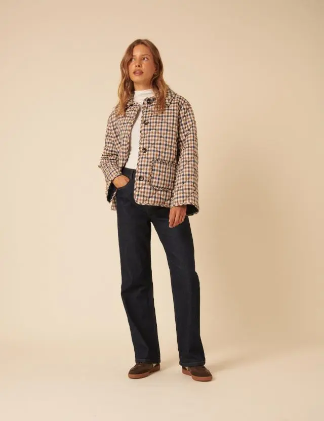 Multi Beige Check Frill Quilted Jacket