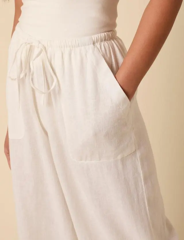 White Cropped Wide Leg Linen-Blend Shona Trousers