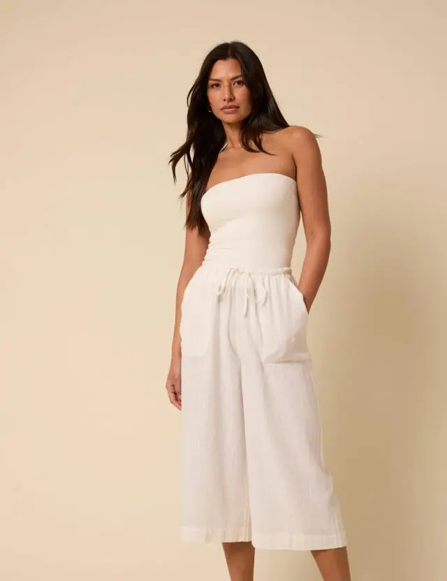 White Cropped Wide Leg Linen-Blend Shona Trousers