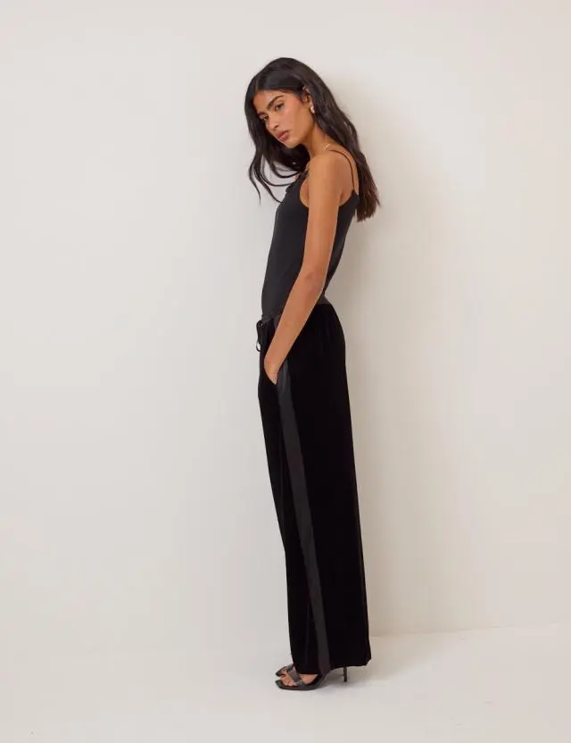 Black Velvet Contrast Satin Side Striped Trousers