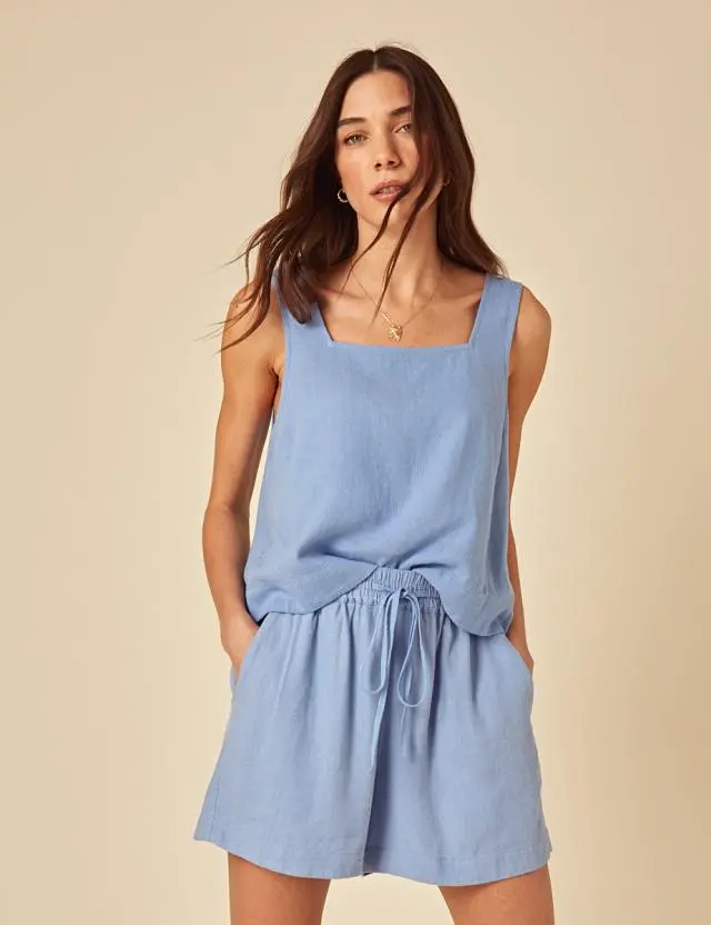 Blue Linen-Blend Drawstring Jet Shorts