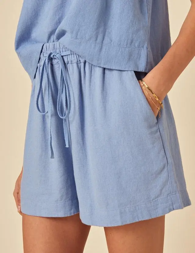 Blue Linen-blend Drawstring Jet Shorts