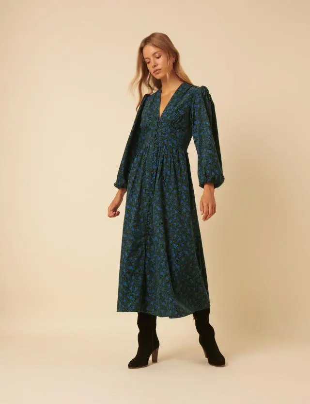 Blue Floral Printed Cord Starlight Midi Dress