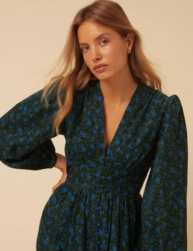 Blue Floral Printed Cord Starlight Midi Dress