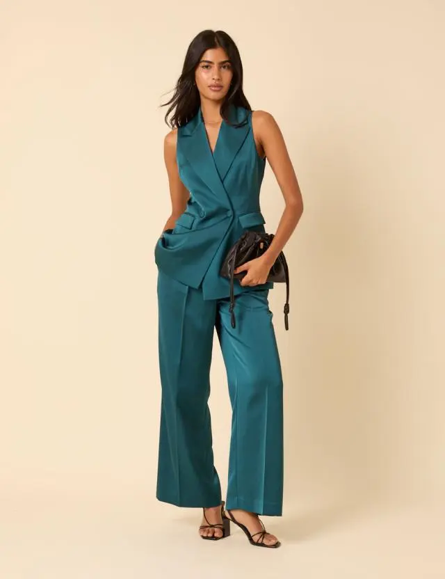 Turquoise Satin Tailored Trousers