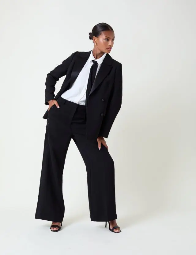 Black Tuxedo Wide Leg Suit Trousers