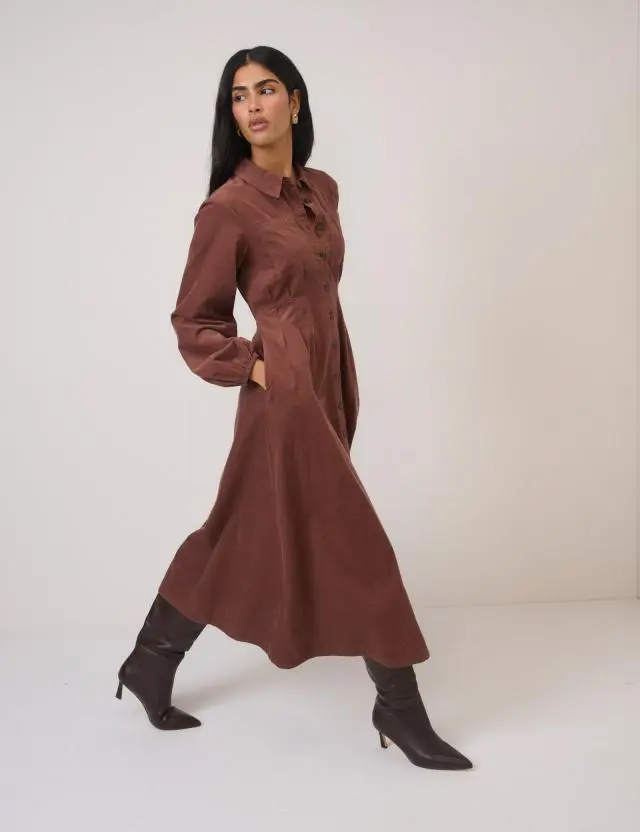 Brown Cord Balloon Sleeve Montego Midi Dress