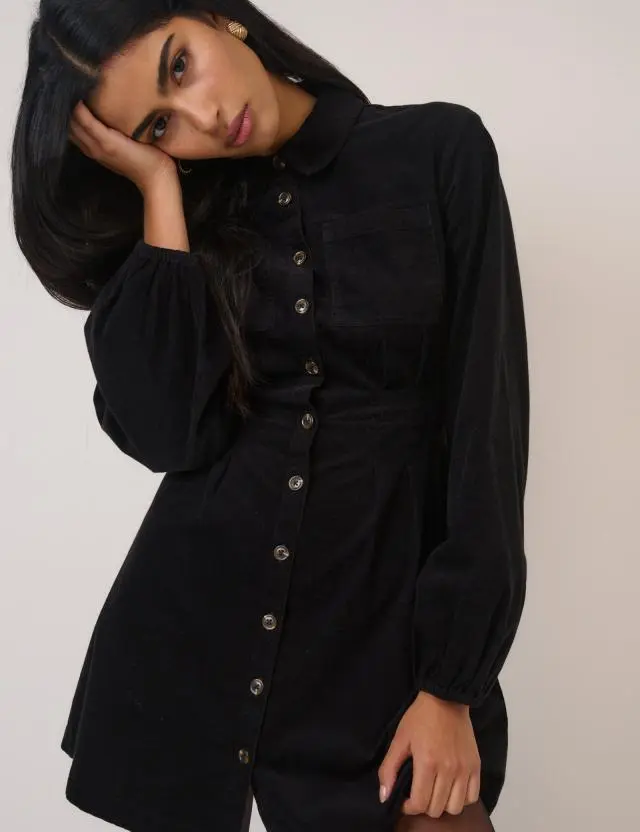 Black Cord Long Sleeve Montego Mini Dress