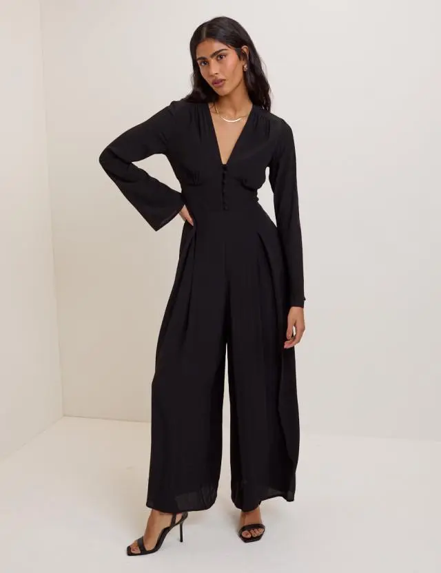 Black Wide Leg Pleated Jumpsuit