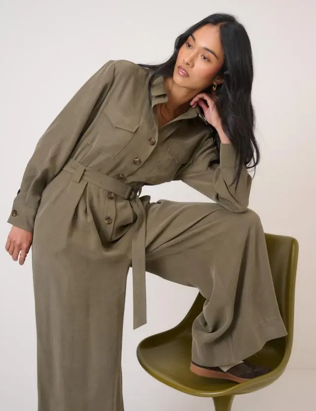 Khaki Cord Tie Waist Jumpsuit