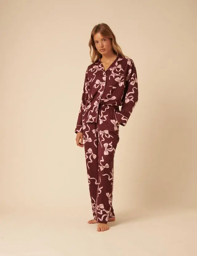 Burgundy Bow Printed Pyjama Set