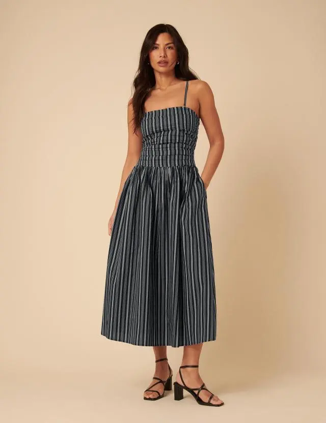 Navy Pinstripe Felicity Midi Dress