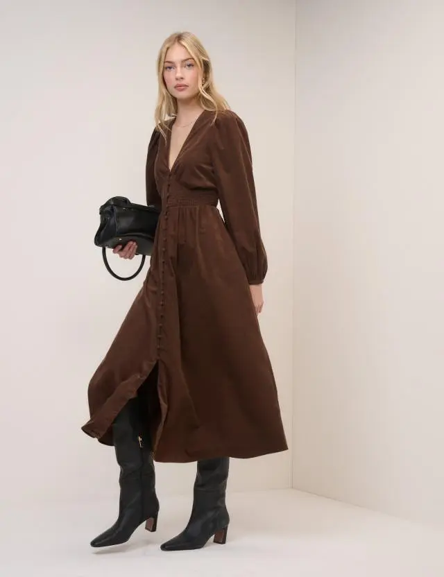 Brown Cord Shirred Riley Midi Dress