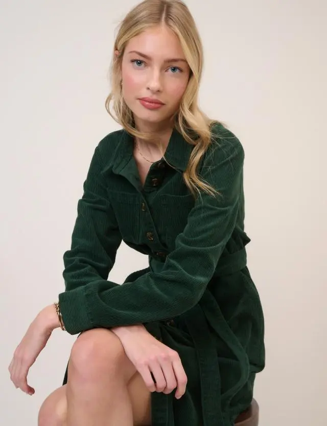 Green Cord Tie Waist Lizzy Midi Dress