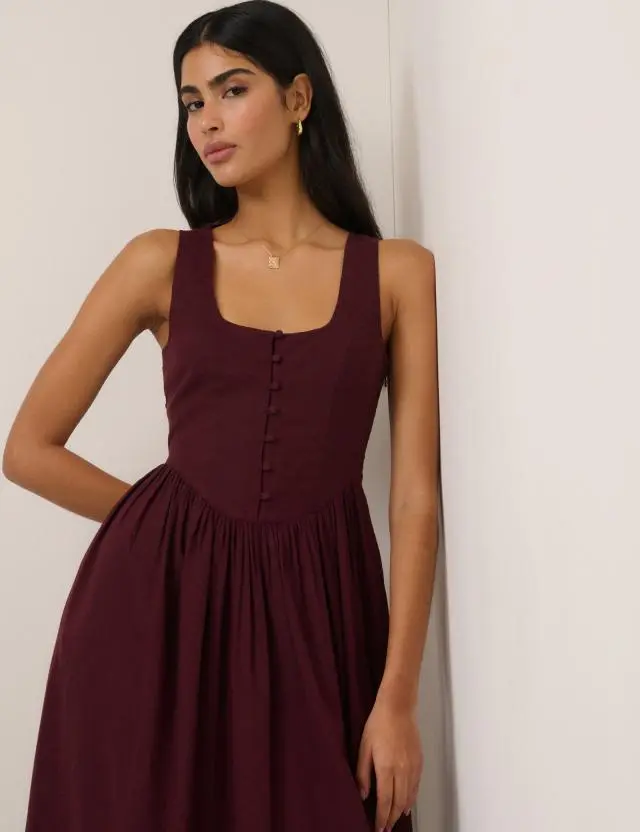 Plum Linen-Blend Drop Waist Cora Midi Dress