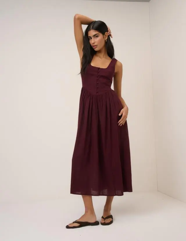 Plum Linen-Blend Drop Waist Cora Midi Dress