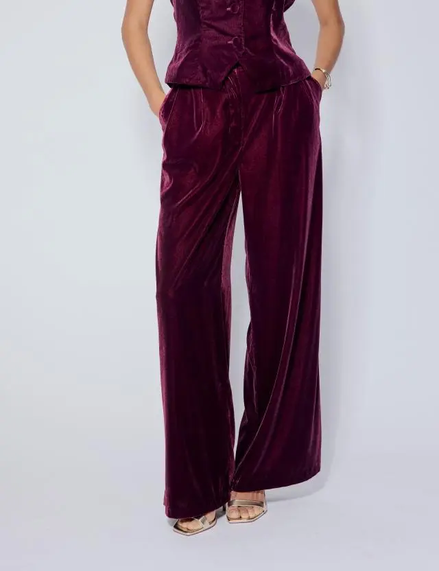 Burgundy Velvet Wide Leg Trousers