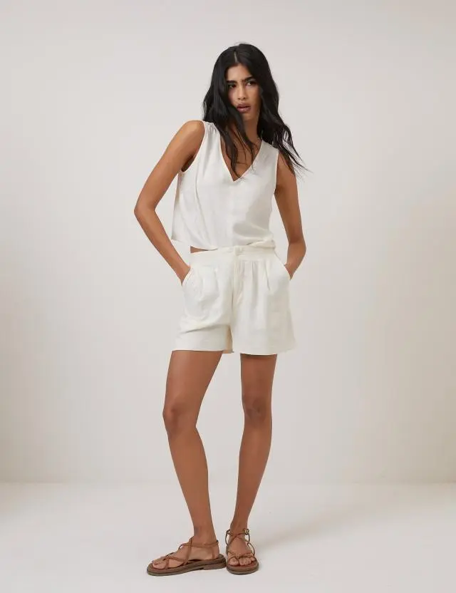 Cream Linen-blend Shorts