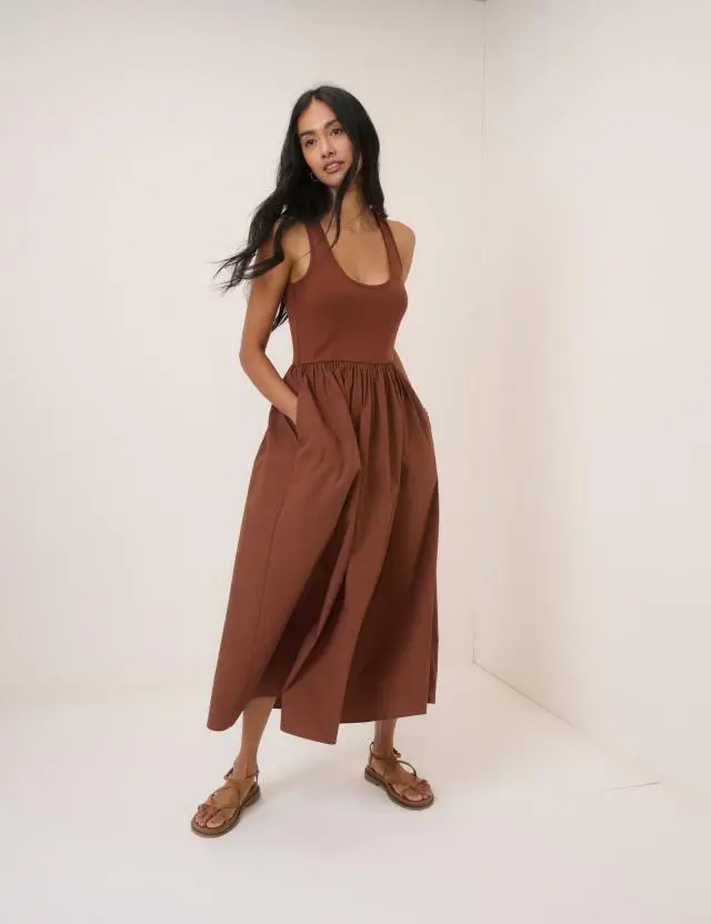 Brown Scoop Neck Lexie Midi Dress