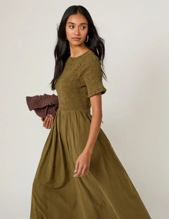 Khaki Shirred Leah Midi Dress
