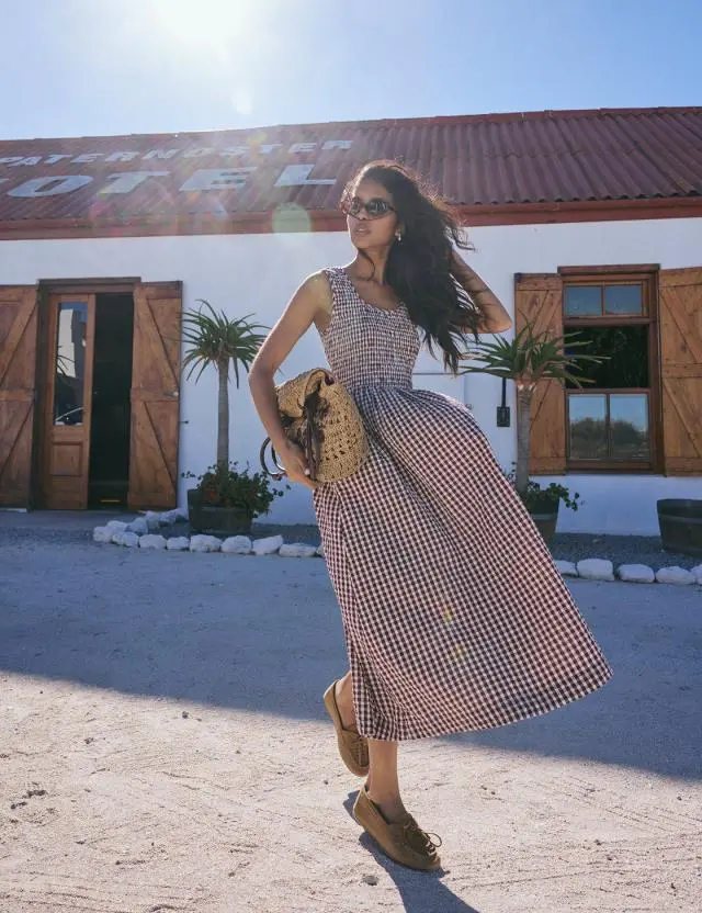 Burgundy Gingham Shirred Kinsley Midi Dress