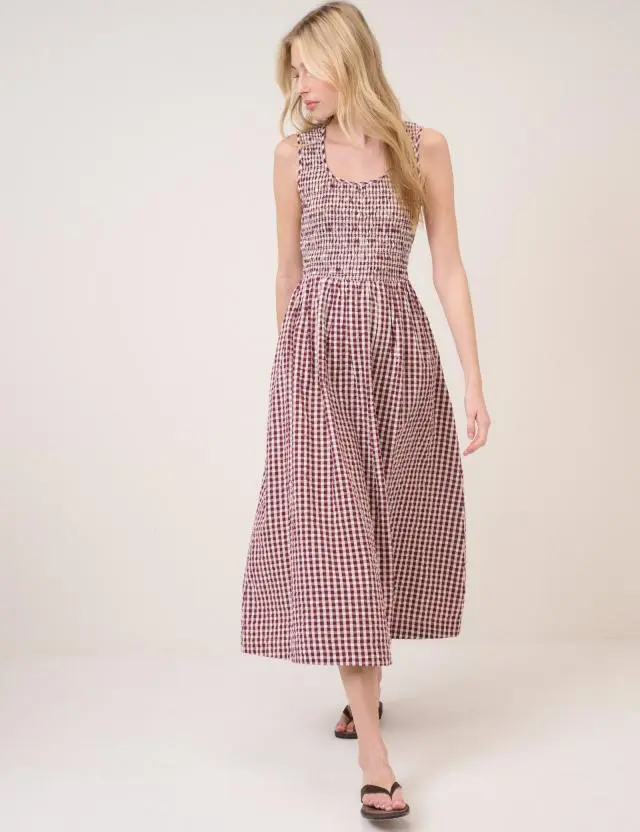 Burgundy Gingham Shirred Kinsley Midi Dress
