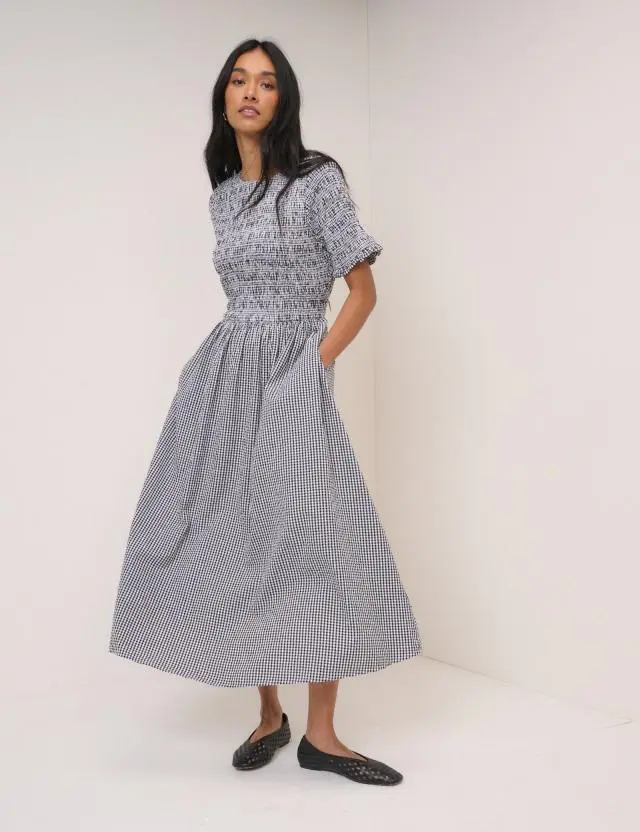 Navy Gingham Shirred Leah Midi Dress