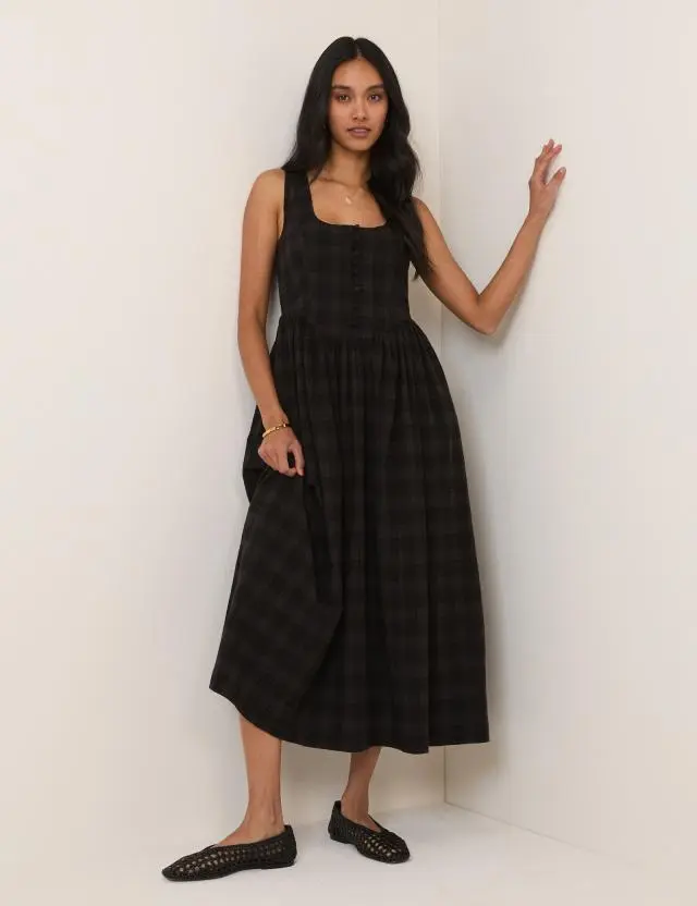 Black Check Linen-Blend Cora Midi Dress