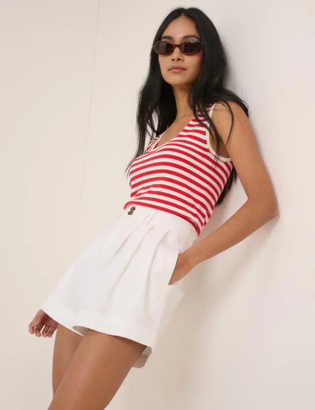 White Denim Pleated High Waisted Shorts