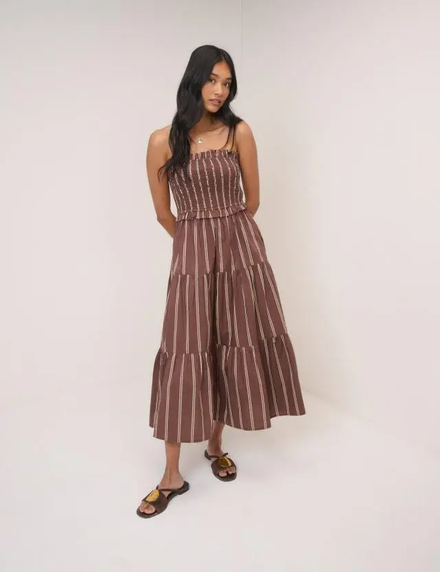 Brown Striped Eva Midi Bandeau Dress