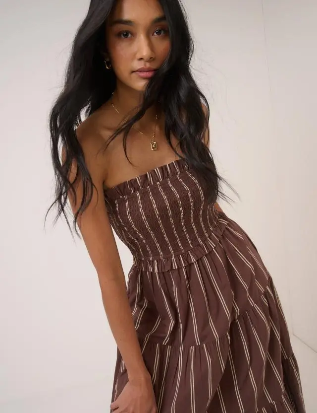 Brown Striped Eva Midi Bandeau Dress