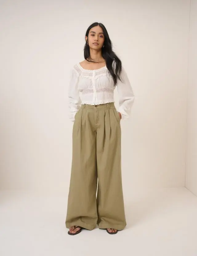 Green Denim Pleated Trousers