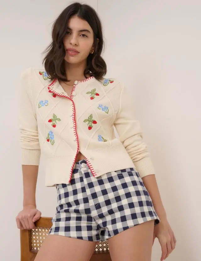 Navy Denim Gingham Mini Shorts