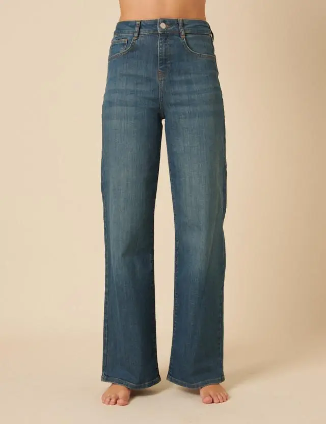 Mid Wash Stretch Wide Leg Jeans