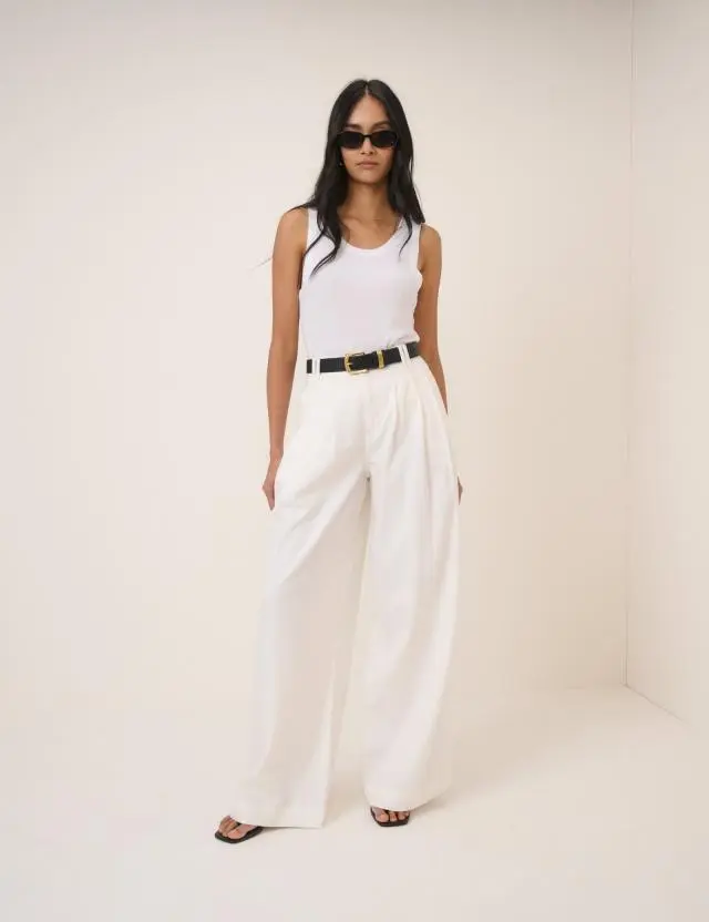 White Pleated Wide Leg Trousers