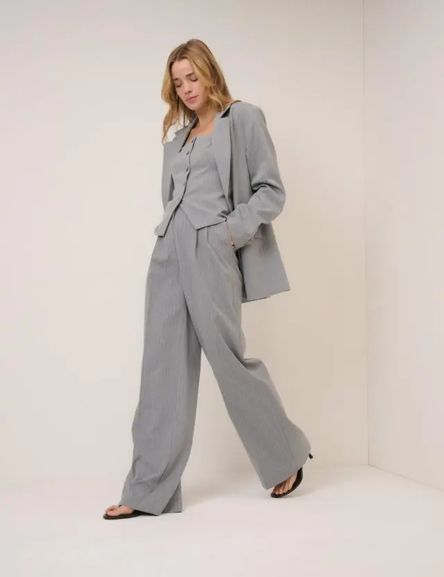 Grey Pinstripe Tailored Wide Leg Trousers