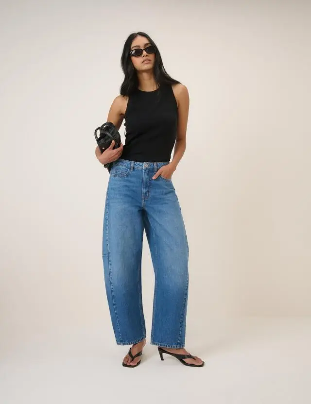 Blue Mid Rise Barrel Leg Jeans