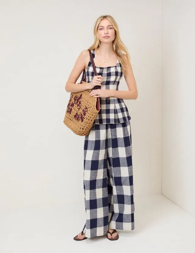 Navy Gingham Wide Leg Trousers