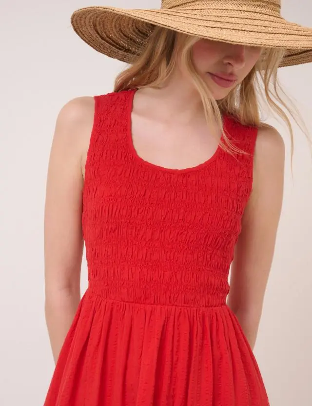 Red Shirred Sleeveless Kinsley Midi Dress