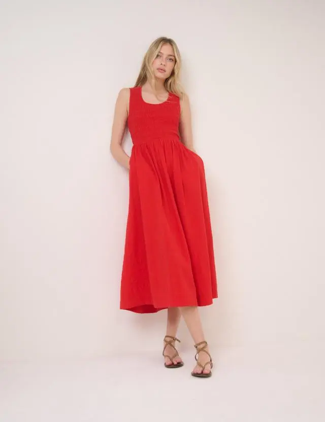 Red Shirred Sleeveless Kinsley Midi Dress